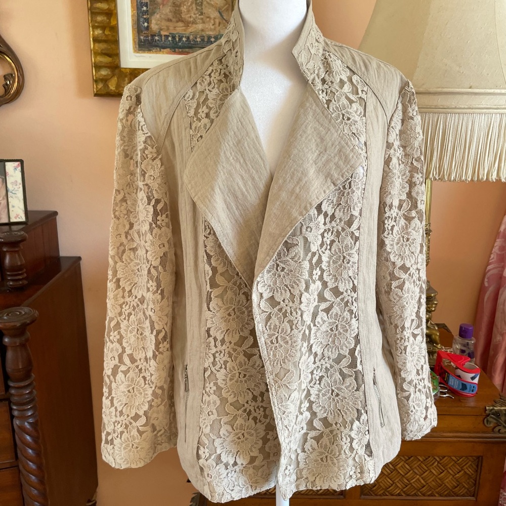 Chico's Lacy Beige Rayon Cotton Zip pockets Open Front Jacket Lg